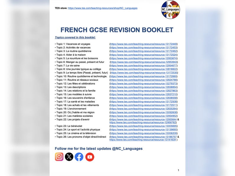 FRENCH GCSE / IGCSE Total Revision booklet (Answers included)