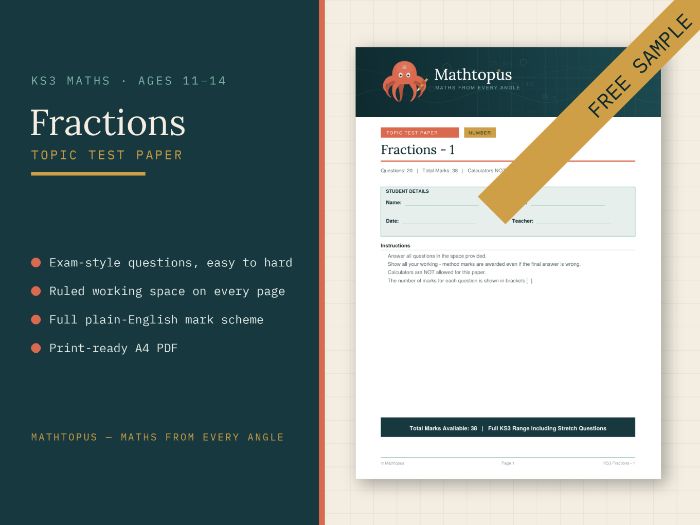 FREE KS3 Fractions Test Paper with Mark Scheme (ages 11-14)
