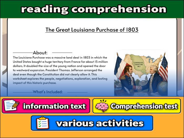 The Great Louisiana Purchase of 1803 - reading comprehension & Activities