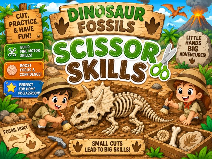 Dinosaur Fossils Scissor Skills Worksheets | Cutting Practice & Fine Motor Activities | Preschool–1