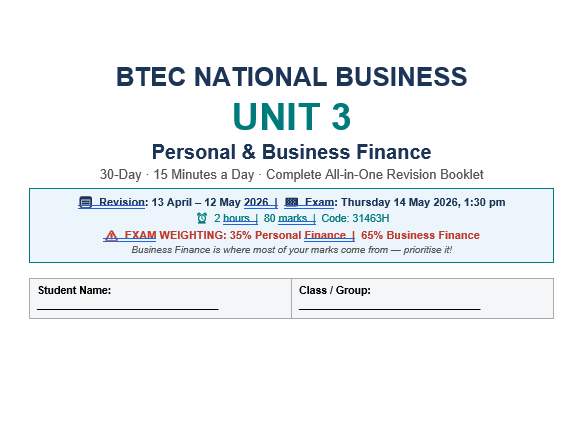 BTEC Unit 3 — Personal & Business Finance | Complete 30-Day Revision Pack