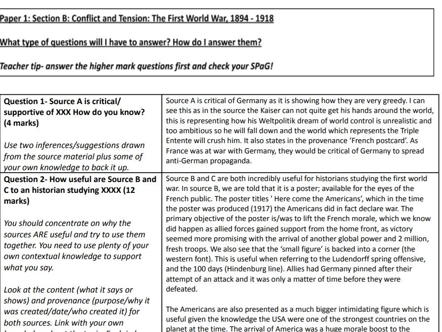 Exam Technique Help Sheet- AQA GCSE History Paper 1 WW1