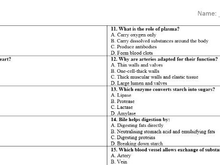 AQA GCSE Biology Topic 2: Organisation – 20 Multiple Choice Questions ...