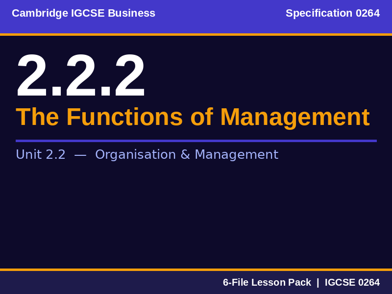 Cambridge IGCSE Business 0264 | 2.2.2 Functions of Management | Lesson Pack