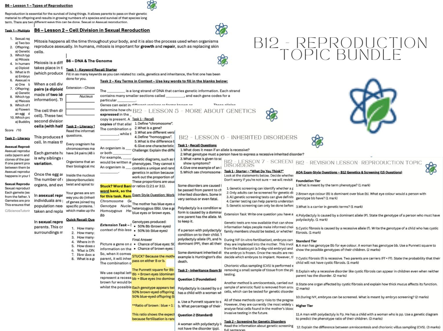B12/ Reproduction & Genetics Topic Pack / Worksheets With Answers / GCSE / AQA/ Combined Science