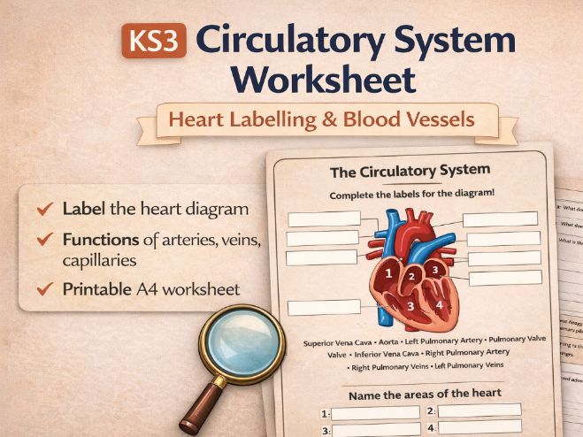 KS3 Biology Circulatory System Worksheet – Heart Diagram & Blood Vessel Functions