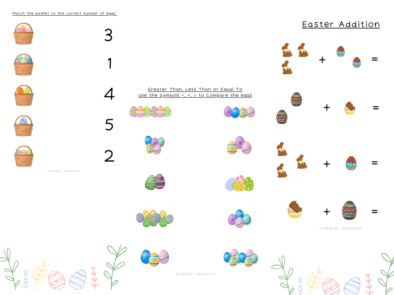 KS1 Easter Maths Activities  (7  Worksheets) – Counting, Comparing Numbers, Addition & Subtraction