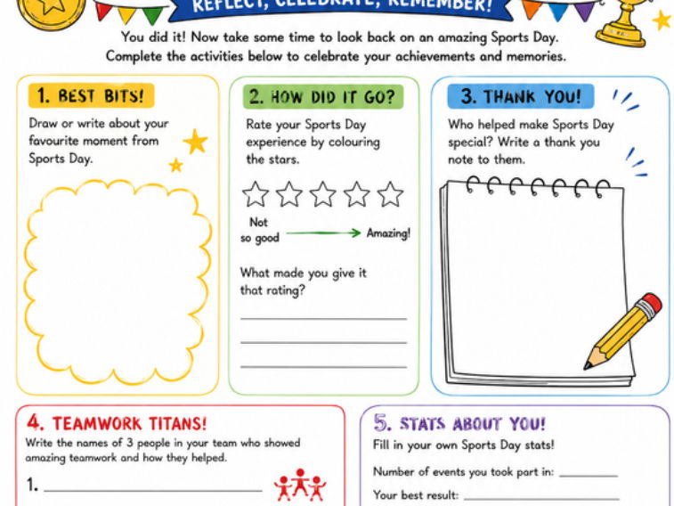KS2 Sports Day Activity Pack | Worksheets, Reflection & Scoring Sheets | End of Year Fun