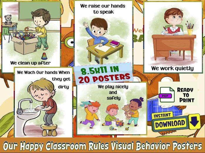 Our Happy Classroom Rules Visual Behavior Posters for Preschool & Kindergarten.