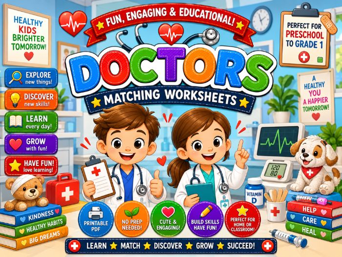 Doctors Matching Worksheets | Community Helpers & Medical Vocabulary Activities | Preschool–Grade 1