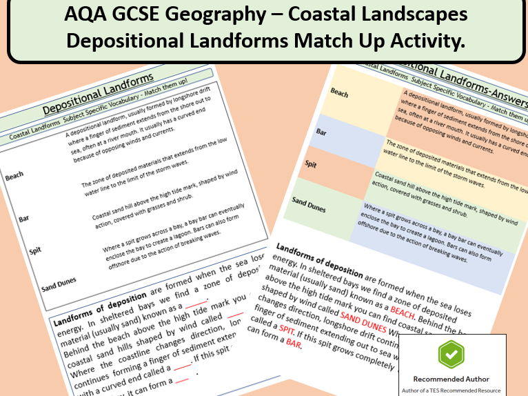AQA Coastal Landscapes - Depositional Landforms Match up Activity Worksheet