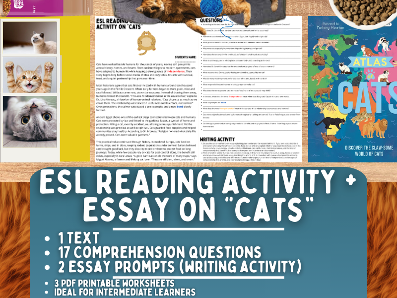 ESL Reading Comprehension + Writing Activity Worksheets - Cats