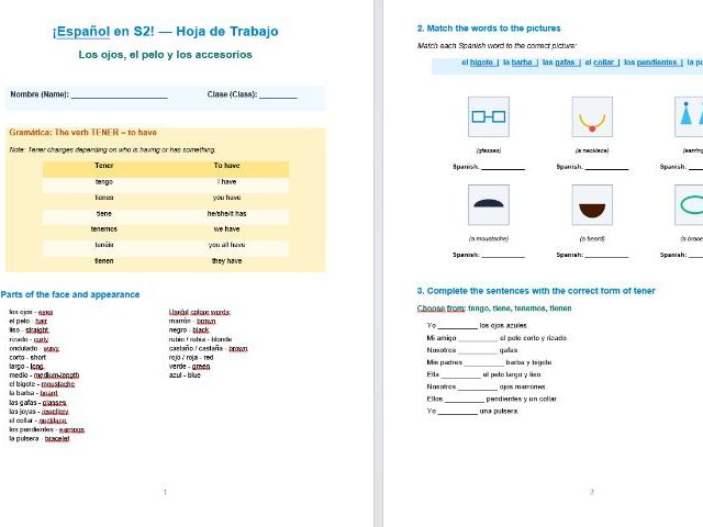 Spanish - physical descriptions, facial features, and accessories.