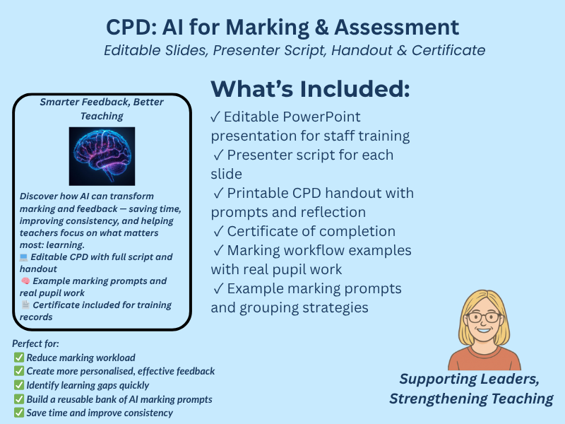 CPD: AI for Marking & Assessment – Editable slides, presenter script, handout, certificate