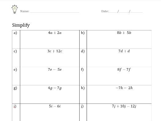 Simplifying Like Terms Worksheet