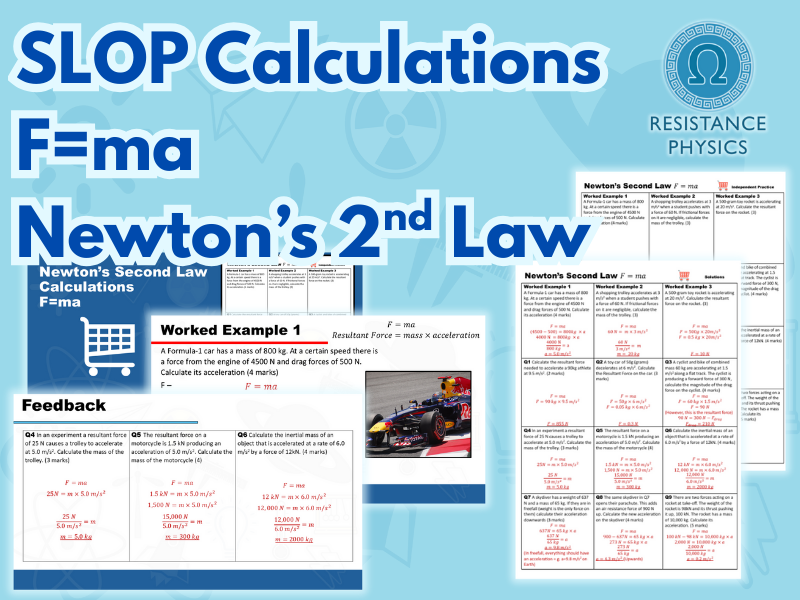 F=ma - SLOP Calculations Worksheet with Answers (Newton's Second Law)