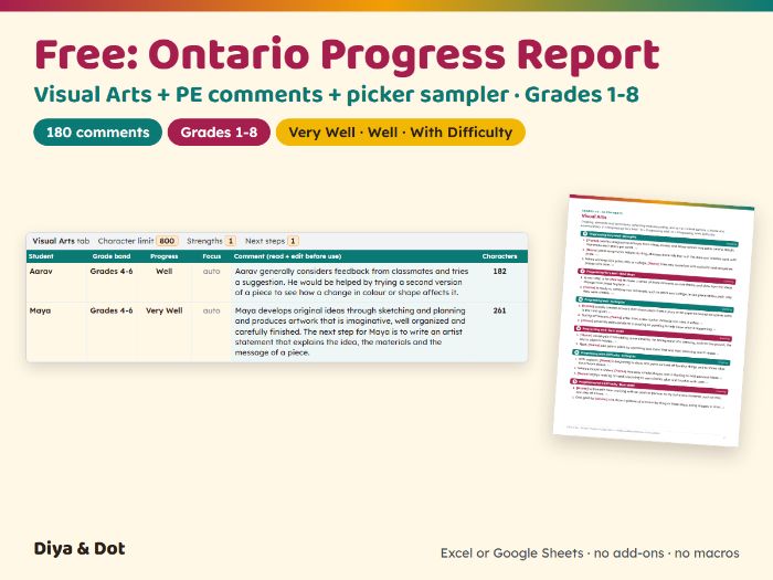 FREE Ontario Arts + PE Comments Sampler