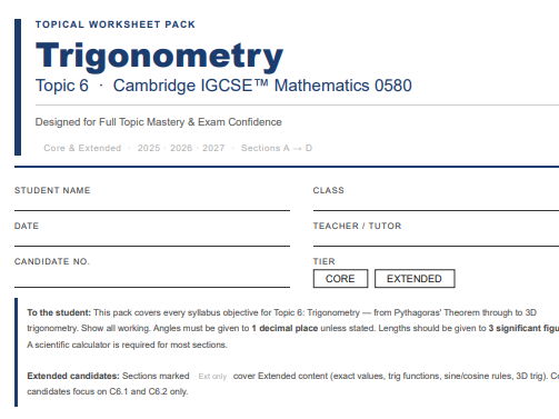 Trigonometry Topic/title Cambridge IGCSE Mathematics 0580 — Topic 6: Trigonometry Topical ...