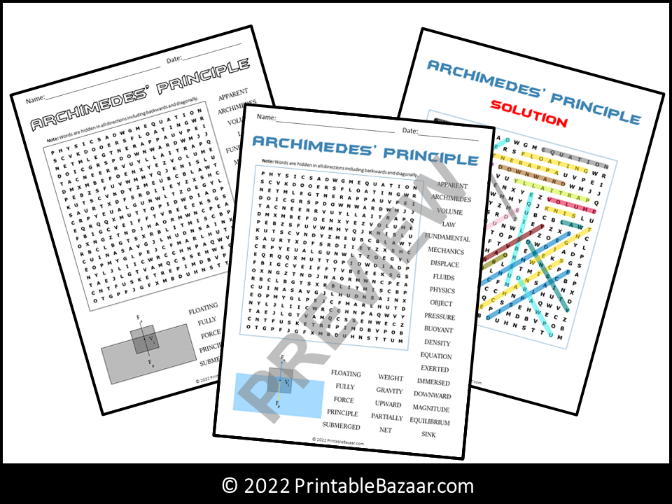 Archimedes' Principle Word Search Puzzle Teaching Resources