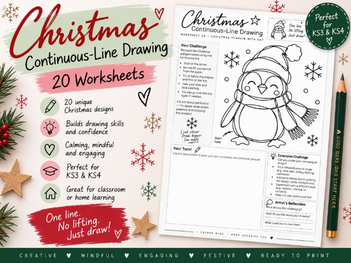 Christmas Continuous Line Drawing Worksheets | 20 Festive Art Activities | KS3 KS4