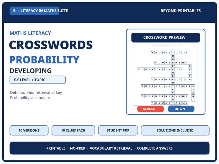Developing Probability Maths Crosswords | 10 Vocabulary Puzzles with Solutions