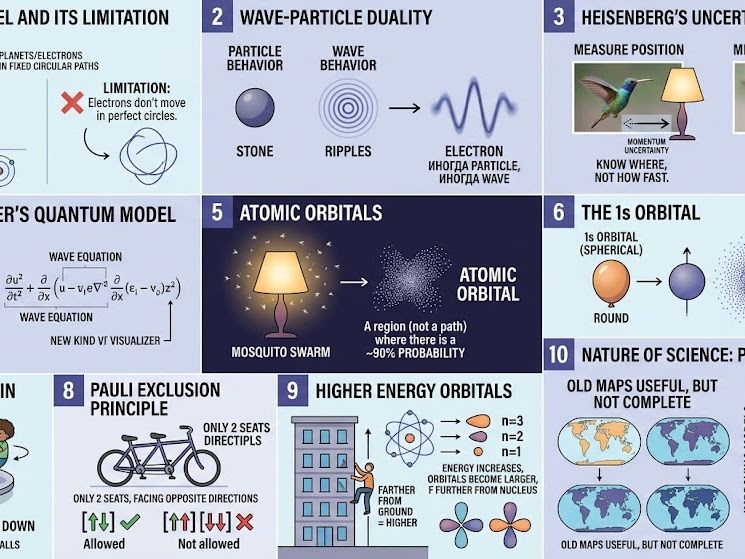 Infograph Evolution of Atomic Theory: From Bohr to Quantum Mechanics