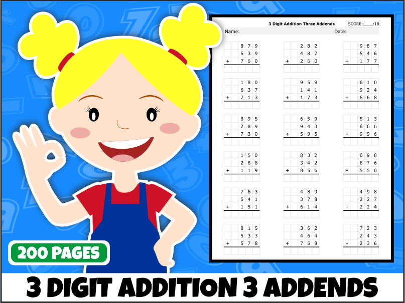 3-Digit Addition with Three Addends Worksheets | 200 Printable Worksheets | Years 3–4 Maths