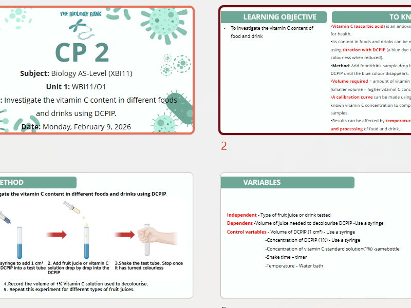 Core Practical 2 To investigate the vitamin C content of food and drink
