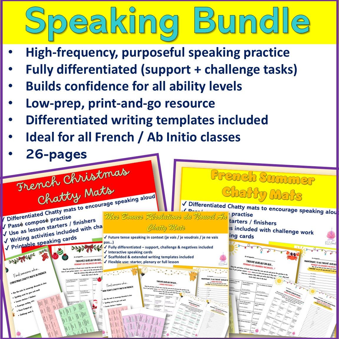 Seasonal French Speaking Practice Bundle | Christmas + New Year's + Summer | Differentiated | Low Prep