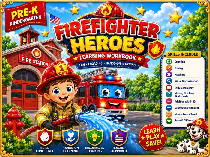 Firefighter Worksheets for Pre-K & Kindergarten | Math, Tracing, Matching & Vocabulary