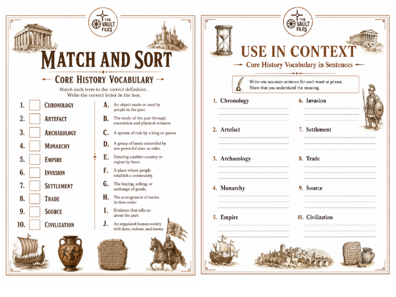 Core History Vocabulary Worksheet Pack | Match, Sort & Use in Context | KS2-KS3