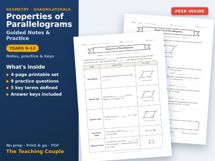 Properties of Parallelograms Guided Notes & Practice + Answer Keys