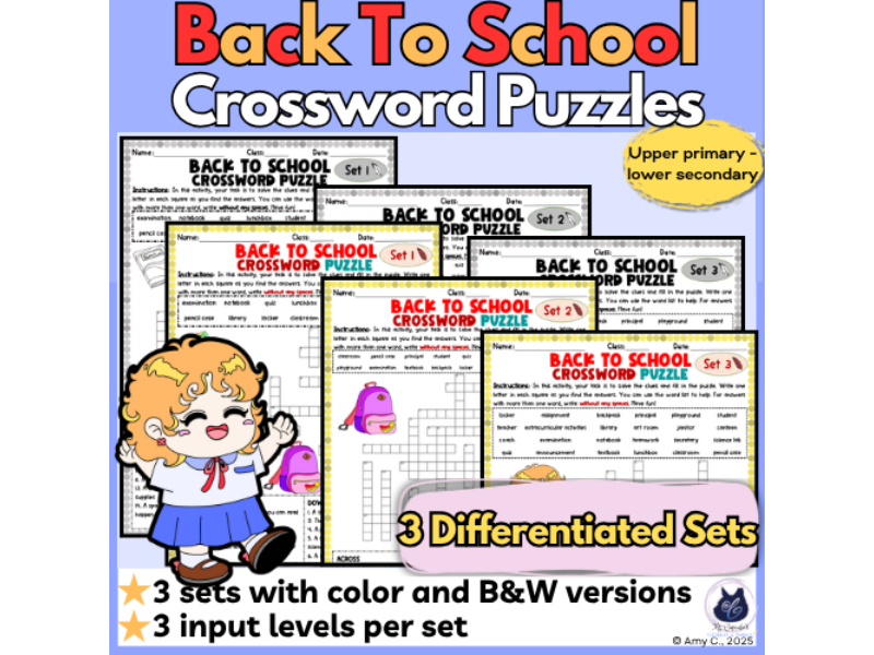Back to School Crosswords: Differentiated Color and B&W with Word Bank