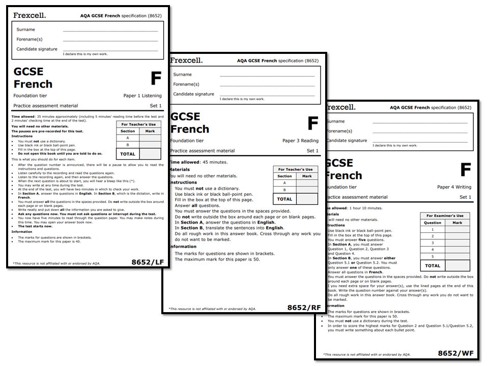 AQA GCSE French (2026) – Foundation Practice Paper Bundle (Set 1)