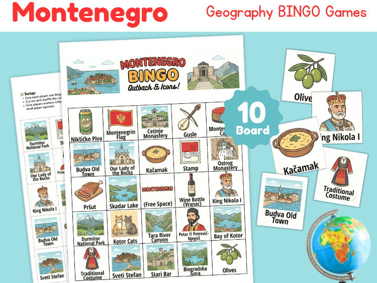Montenegro Geography Bingo | Country Study Printable Games