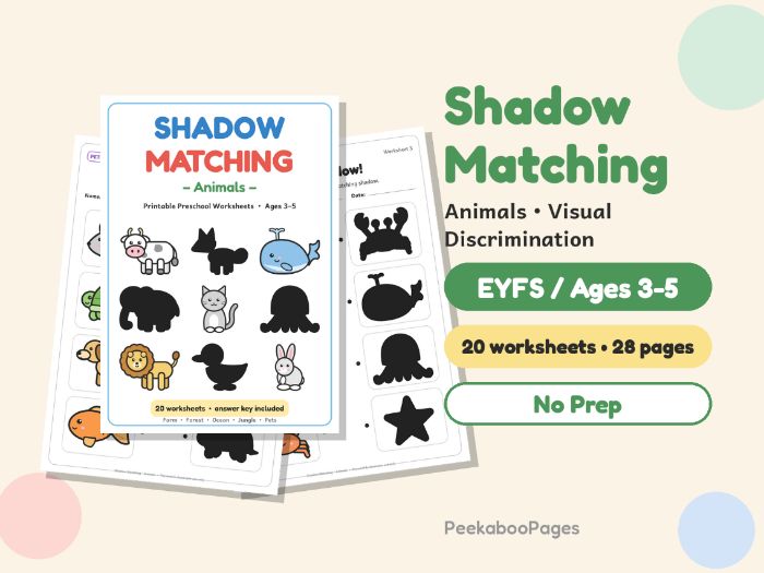 Shadow Matching Worksheets – Animals – EYFS Visual Discrimination, No Prep