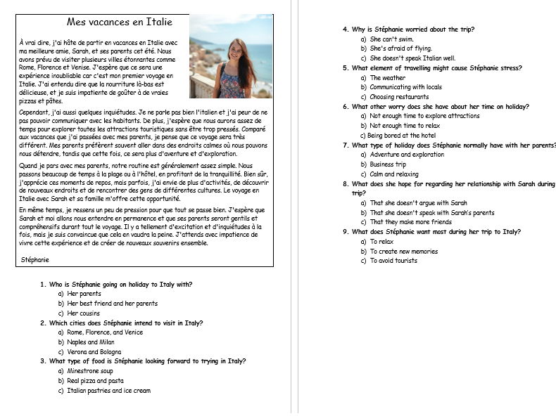 French - GCSE - National 5 _ Holidays in Italy _ Reading _ Listening  _ practice