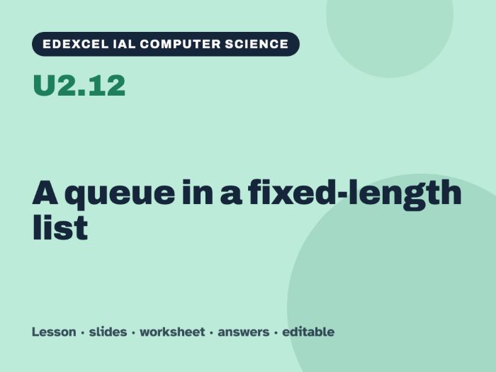 Edexcel IAL Computer Science – U2.12 A queue in a fixed-length list – Lesson & Worksheet