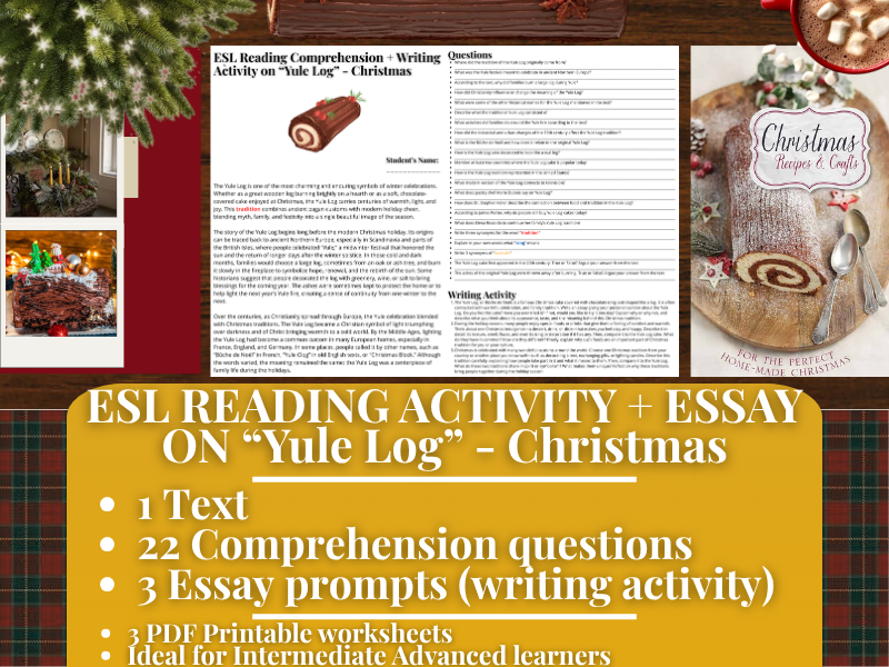 ESL Reading Comprehension + Writing Activity Worksheets - Yule Log - Christmas
