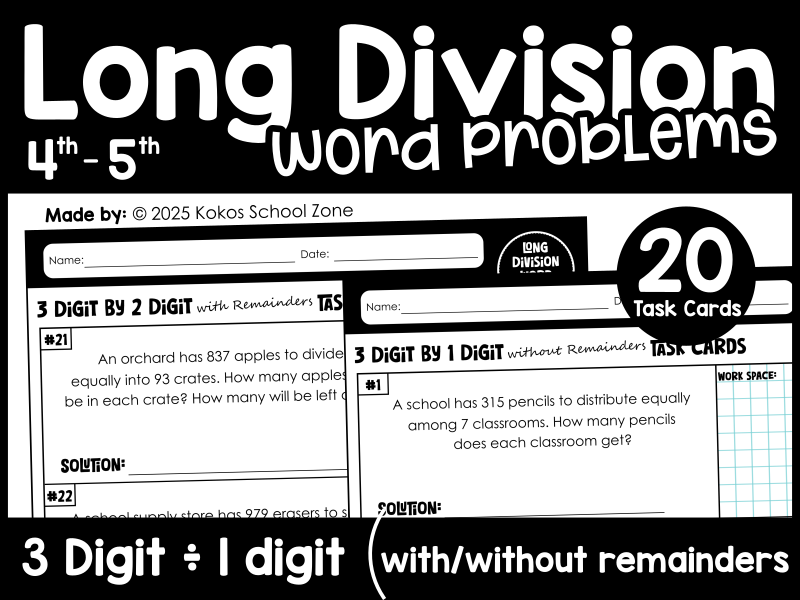 3 Digit by 1 Digit Long Division Word Problems Task Cards