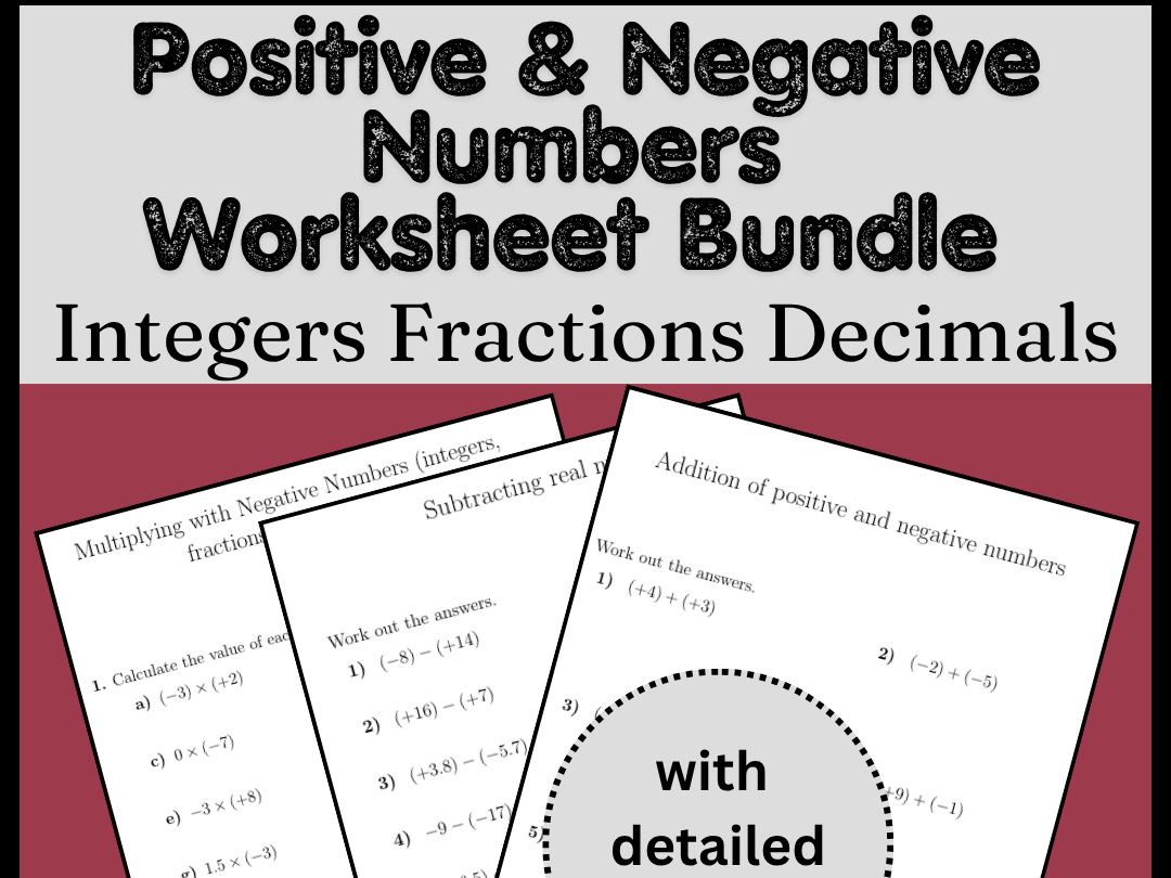 Positive & Negative Numbers Worksheet Bundle | Integers Fractions Decimals