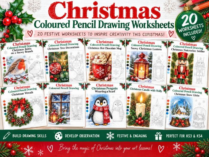 Christmas Coloured Pencil Drawing Worksheets | 20 Step-by-Step Festive Art Activities | KS3 & KS4