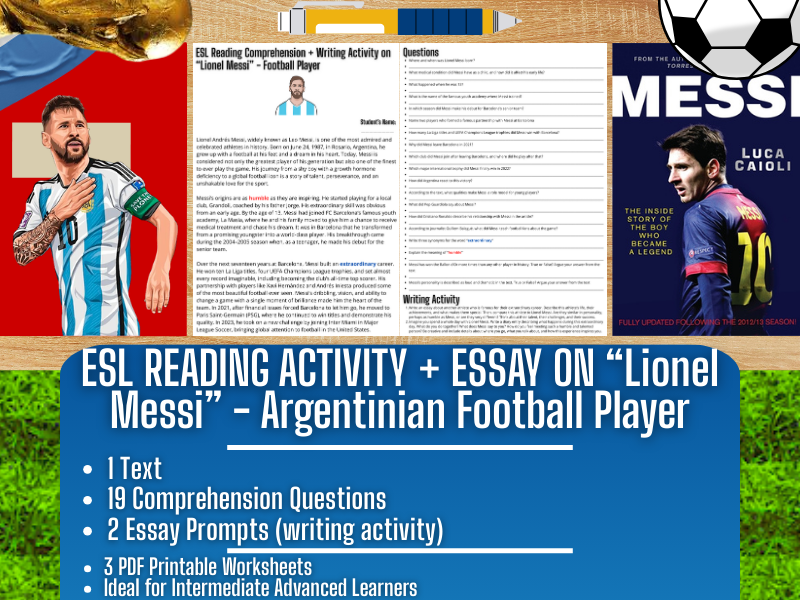 ESL Reading Comprehension + Writing Activity - Lionel Messi - Football - Sports