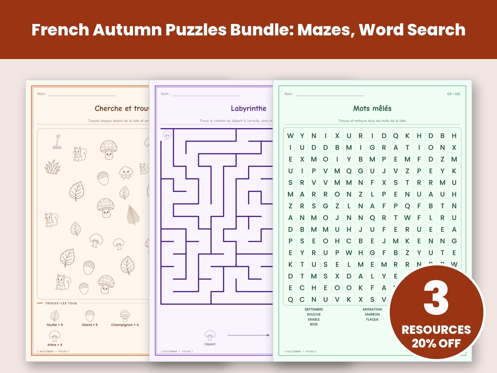 French Autumn Puzzles Bundle: Mazes, Word Search