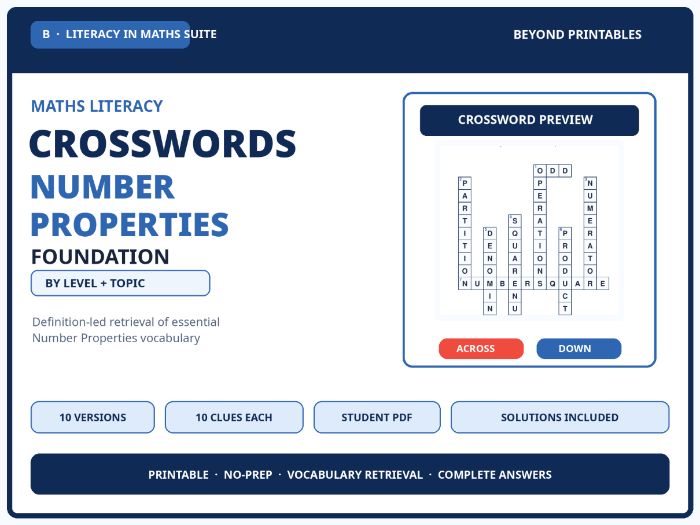 Foundation Number Properties Maths Crosswords | 10 Vocabulary Puzzles with Solutions