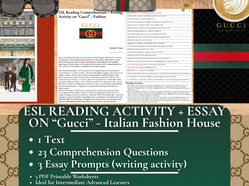 ESL Reading Comprehension + Writing Activity Worksheets - Gucci - Fashion House