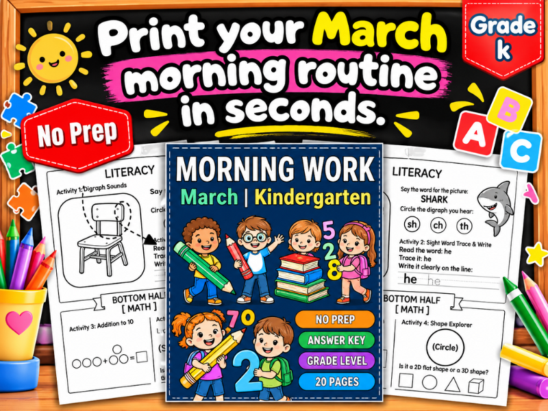 March Morning Work Kindergarten Worksheets — Daily ELA & Math Spiral Review (20 Days)