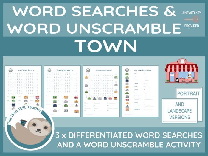 ESL Places Around Town Differentiated Word Searches and Word Unscramble