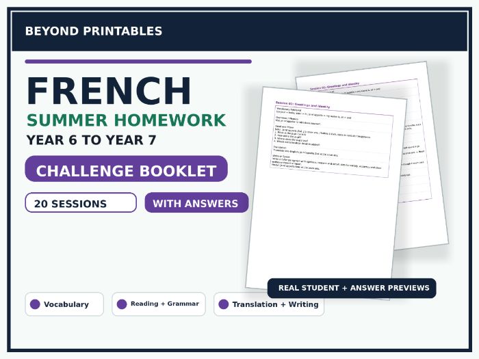French Summer Homework Booklet Year 6 to Year 7 Challenge with Answers