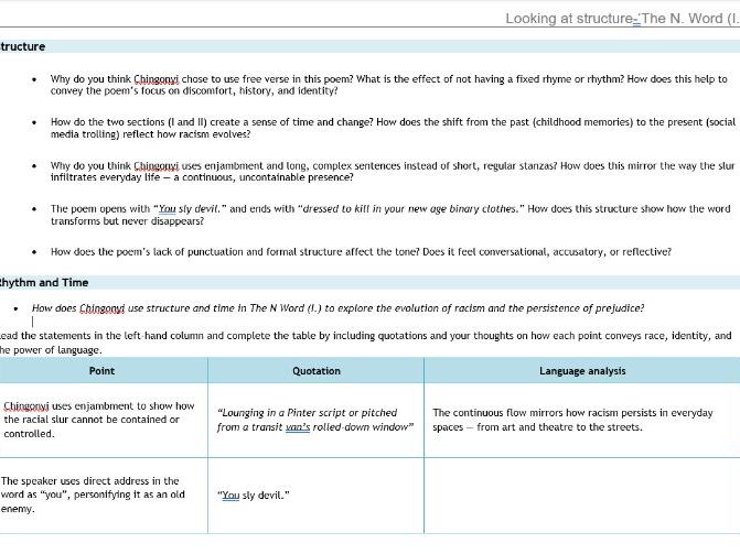 Kayo Chingonyi Poetry-The N Word (I.) Structural Choices Worksheet